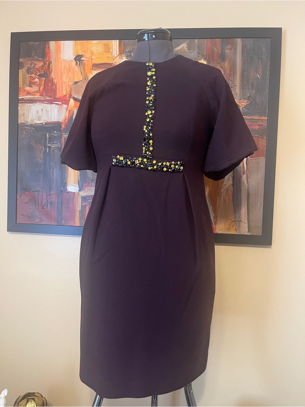 Erdem Cliona Wool Midi Dress With T-Shaped Multicolor Gemstones- Size 8